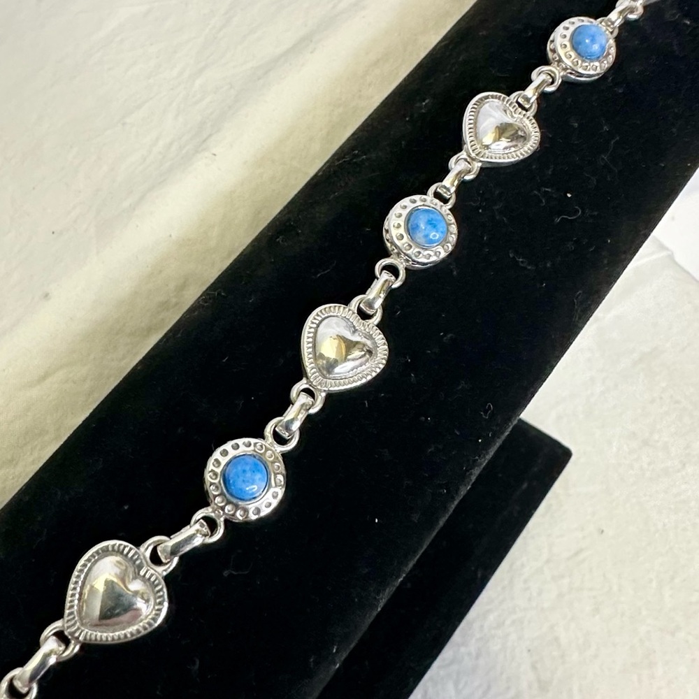 CAROL FELLEY Vintage 925 Sterling Silver Denim Lapis Heart Link Bracelet